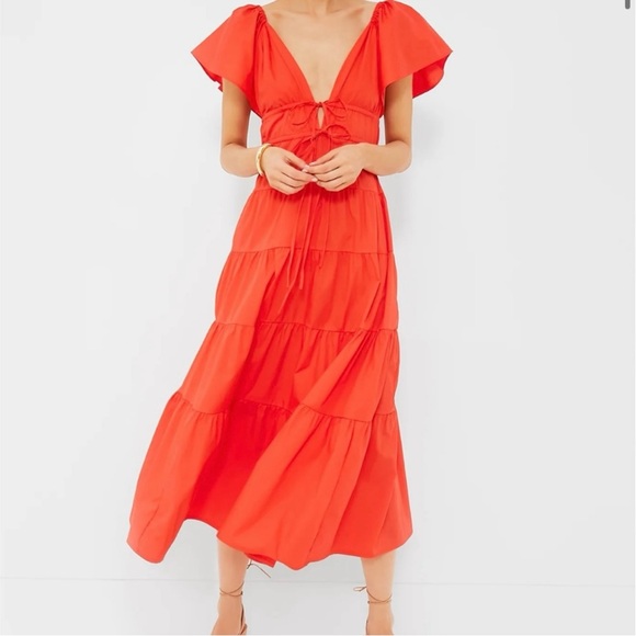 o.p.t. Dresses & Skirts - Orange Red Flutter Sleeve Tiered Midi Dress